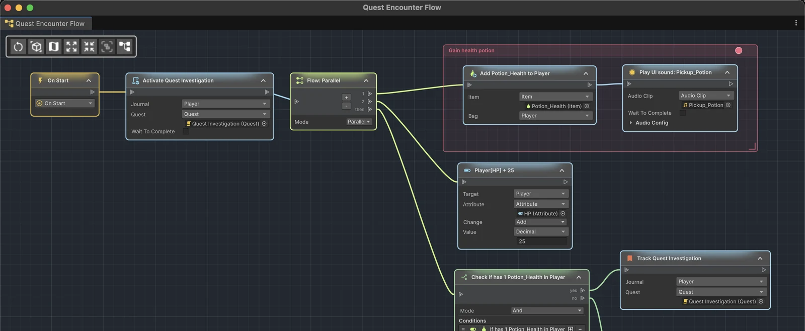 A real ActionFlow 2 quest graph with connected Game Creator instructions and branches