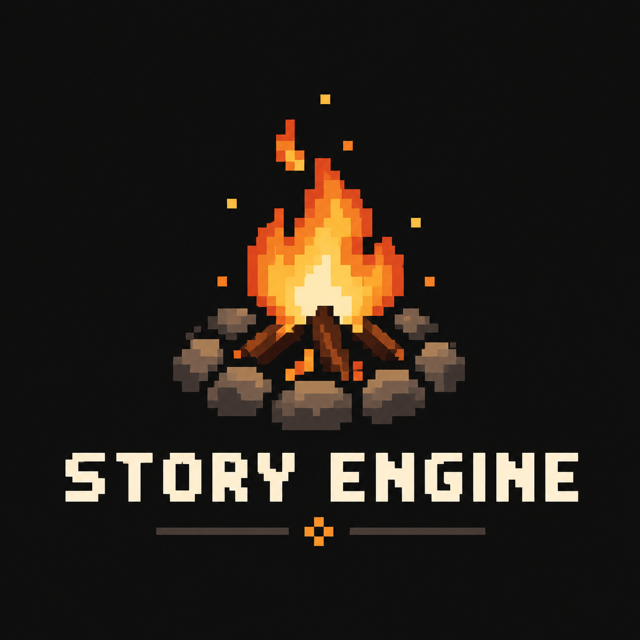 Story Engine pixel-art campfire and wordmark